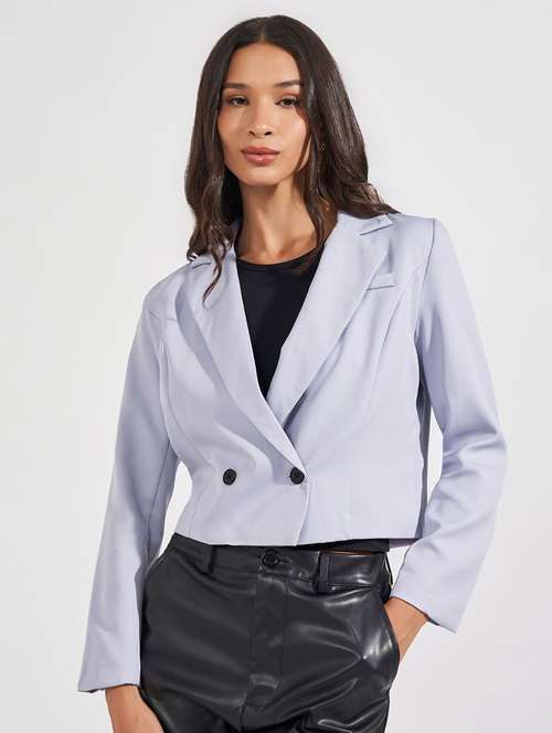 women solid crop casual blazer - 21632028 - Standard Image - 0