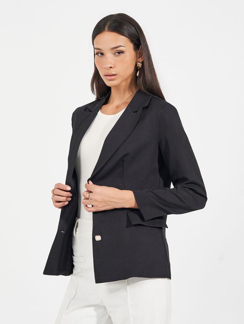 women lapel collar solid casual blazer - 21632031 - Standard Image - 3