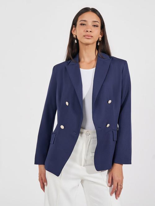 women navy blue solid long sleeve casual blazer - 21632043 - Standard Image - 0