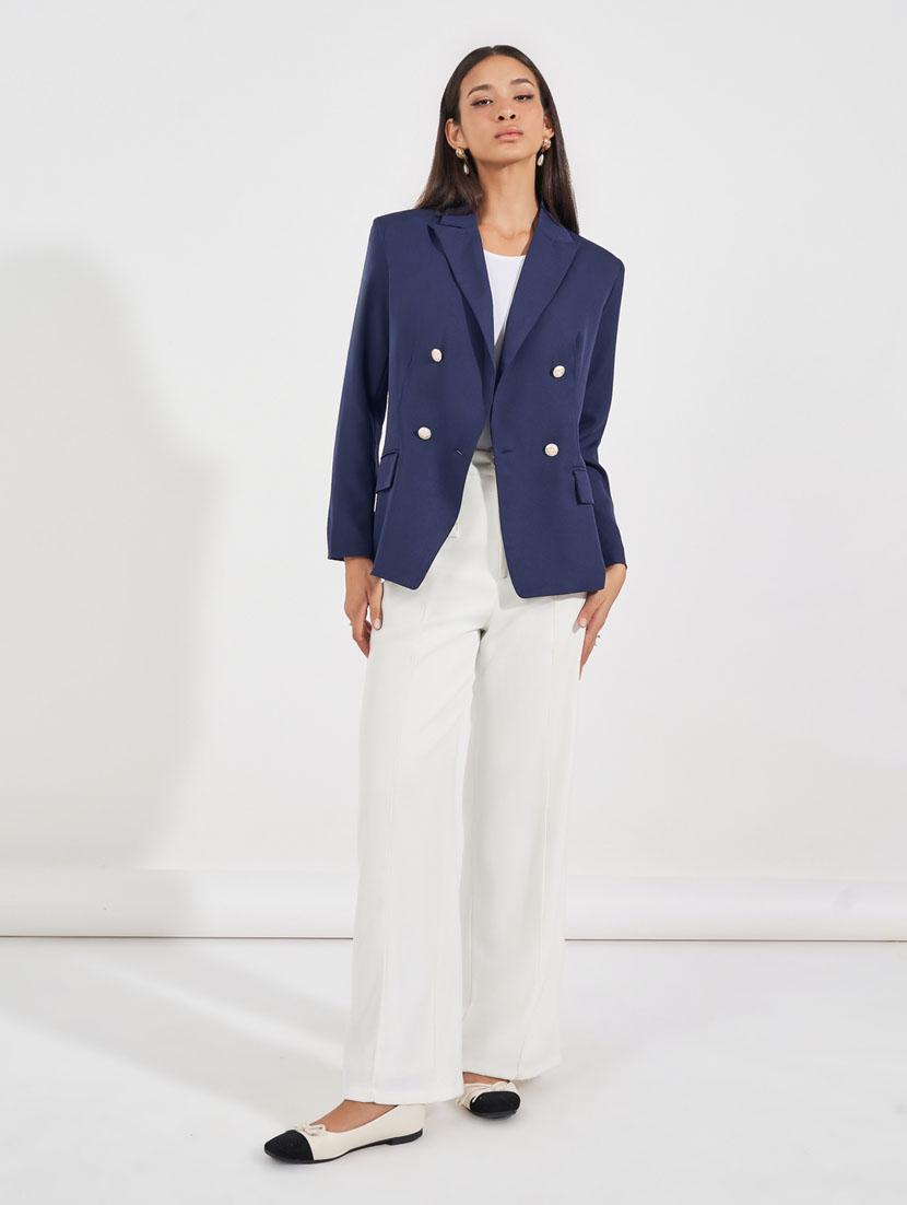 women navy blue solid long sleeve casual blazer - 21632043 - Standard Image - 3