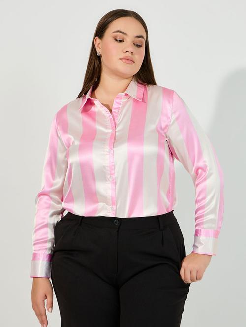 women pink stripes long sleeve regular shirt - 21632081 - Standard Image - 0