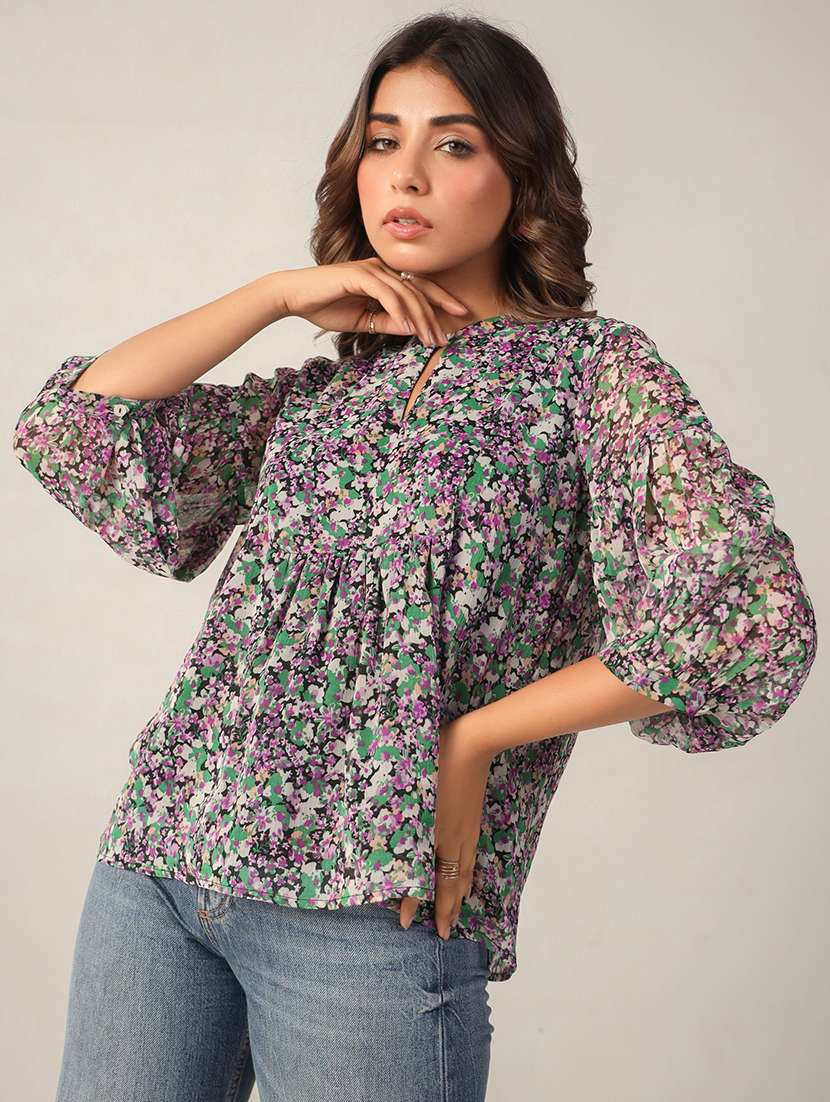 women floral printed puff sleeve top