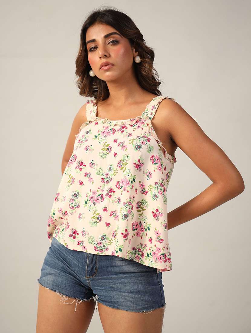 women floral print shoulder strap top