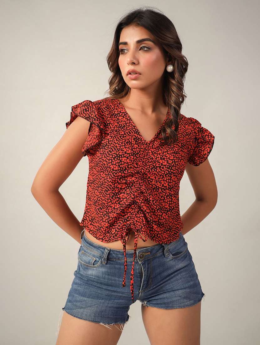 women v-neck printed ruched top