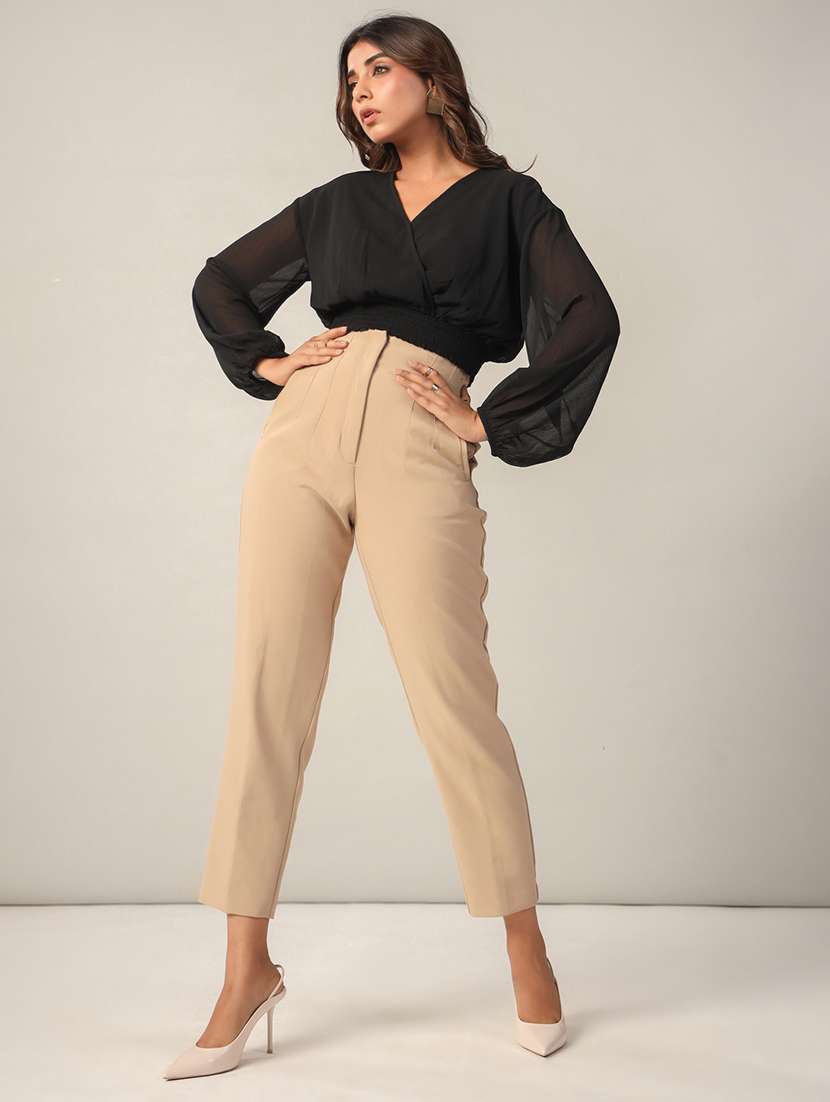 women black solid v neck crop top - 21632107 -  Standard Image - 3