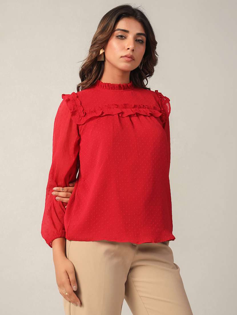women mock neck self design regular top