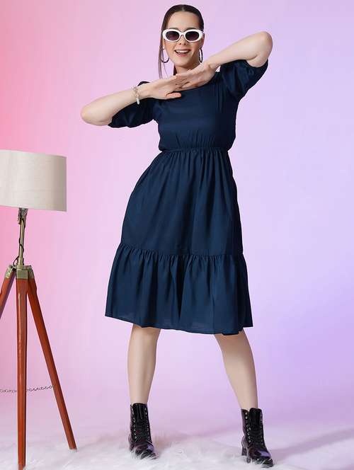 women solid puff sleeve tiered dress - 21632146 - Standard Image - 0