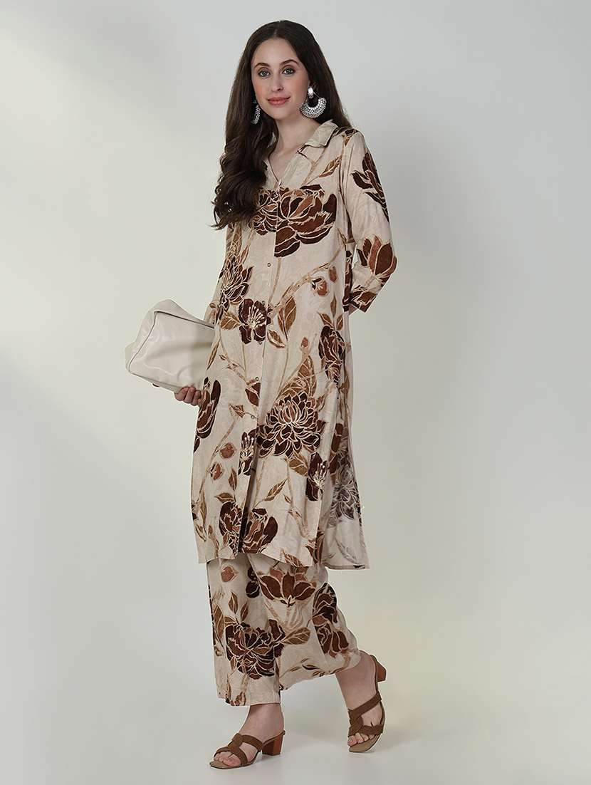 women beige floral kurta palazzo set  - 21632696 -  Standard Image - 3