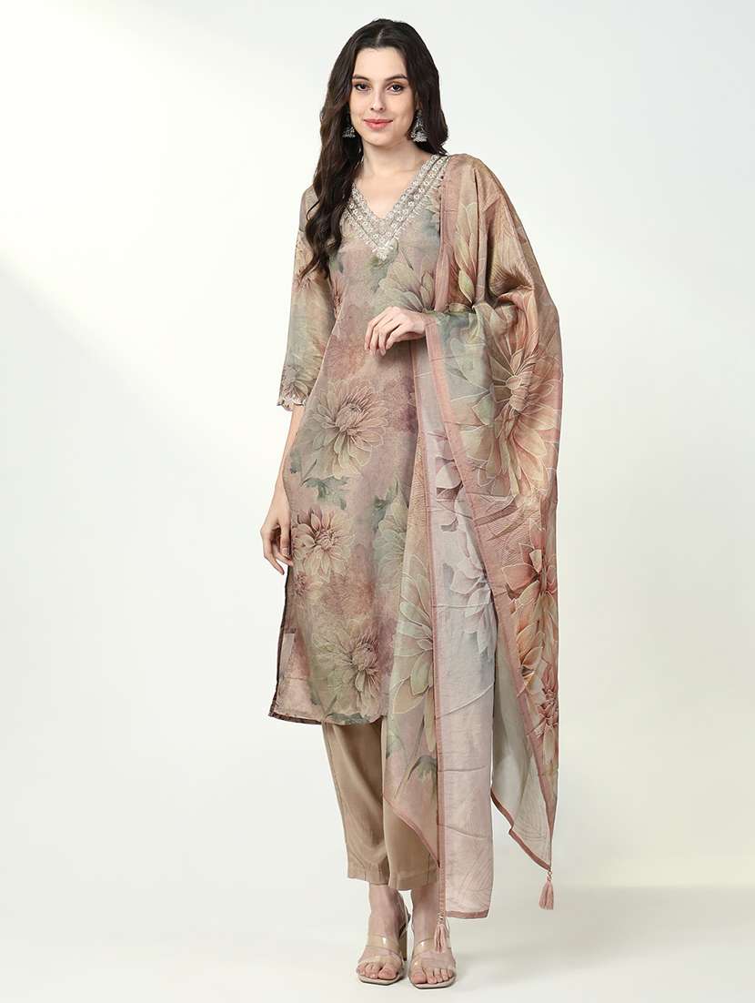 women three quarter sleeve kurta pant with dupatta set