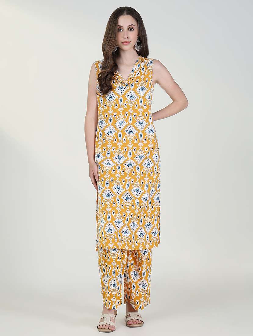 women mustard ikat printed kurta pant set - 21632709 - Zoom Image - 0