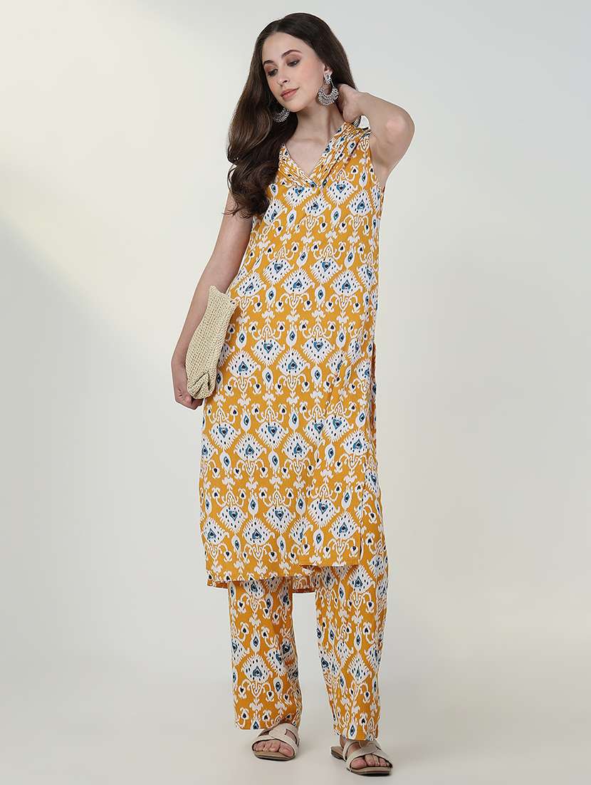 women mustard ikat printed kurta pant set - 21632709 - Standard Image - 3