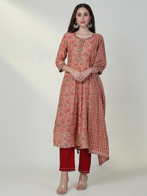 women three quarter sleeve anarkali kurta pant with dupatta set - 21632720 - Standard Image - 0