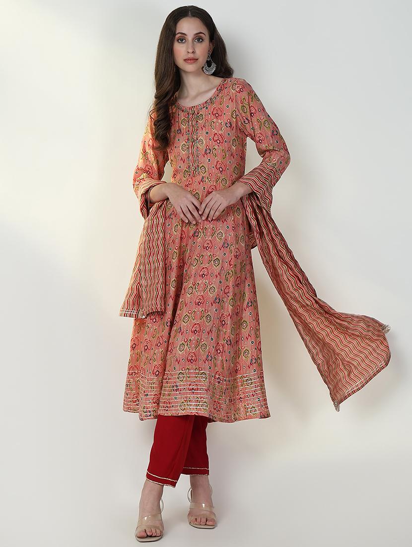 women three quarter sleeve anarkali kurta pant with dupatta set - 21632720 - Standard Image - 3