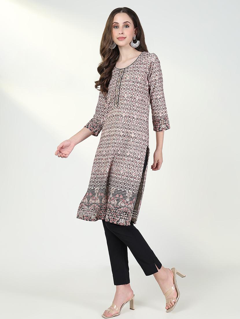 women printed three quarter sleeve straight kurta - 21632721 - Standard Image - 3