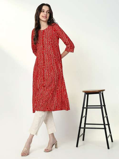women red bandhani printed a-line kurta - 21632730 -  Standard Image - 0