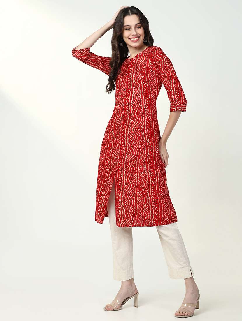women red bandhani printed a-line kurta - 21632730 -  Standard Image - 3
