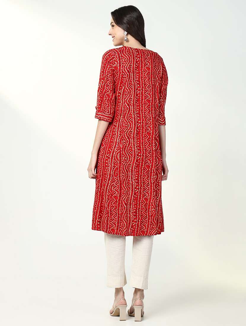 women red bandhani printed a-line kurta - 21632730 -  Standard Image - 5