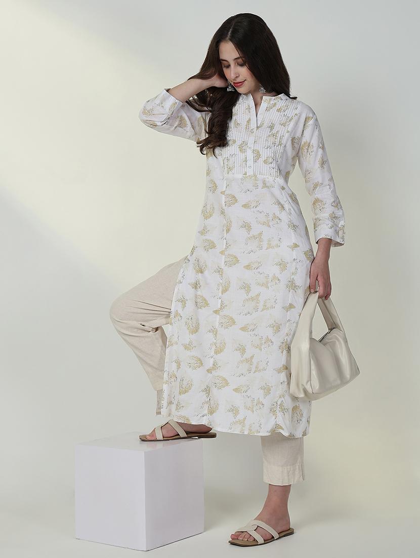 women white printed three quarter sleeve a-line kurta - 21632732 - Standard Image - 3