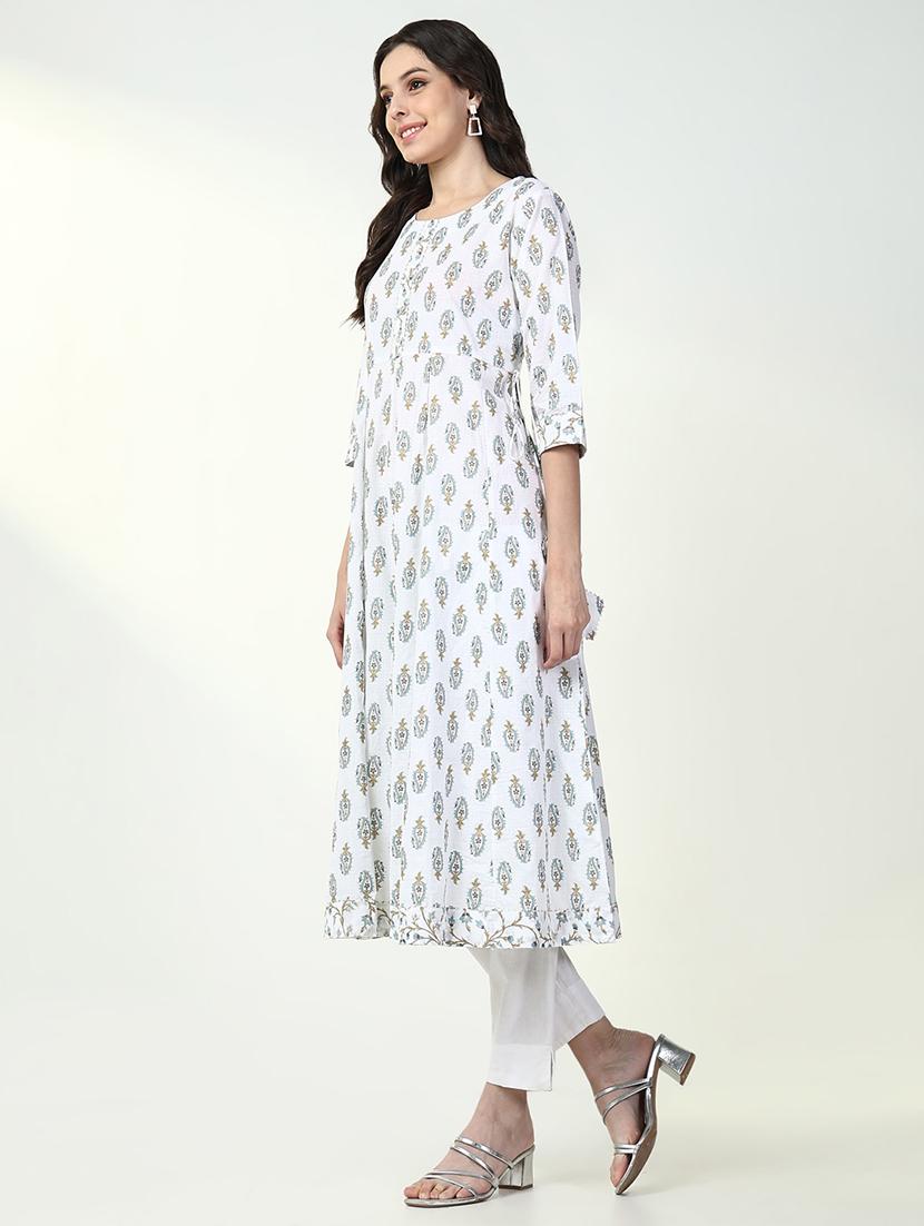 women white printed three quarter sleeve anarkali kurta - 21632737 - Standard Image - 3
