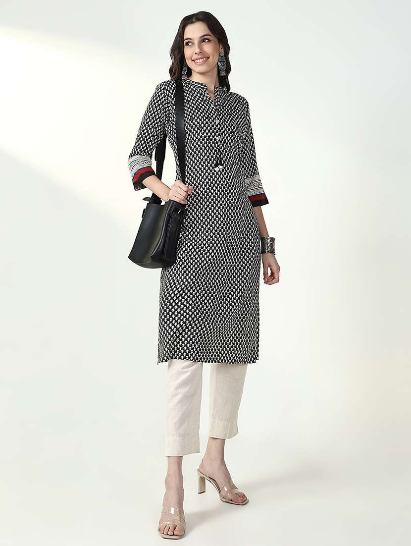 women black printed three quarter sleeve straight kurta - 21632740 -  Standard Image - 3