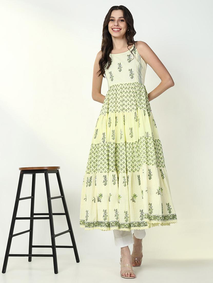 women yellow printed shoulder strap anarkali kurta - 21632741 - Standard Image - 3