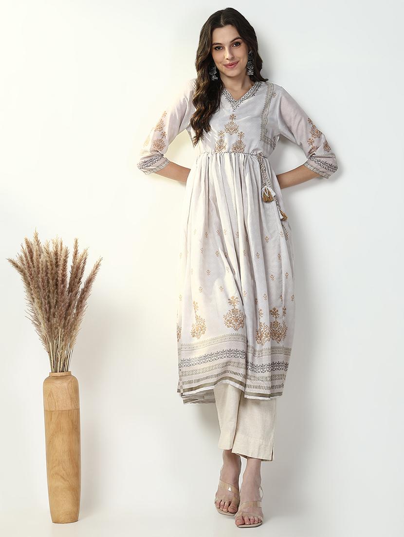 women off white printed three quarter sleeve anarkali kurta - 21632746 - Standard Image - 3