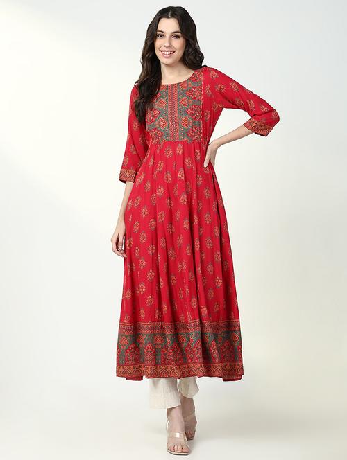 women red floral three quarter sleeve anarkali kurta - 21632750 -  Standard Image - 0