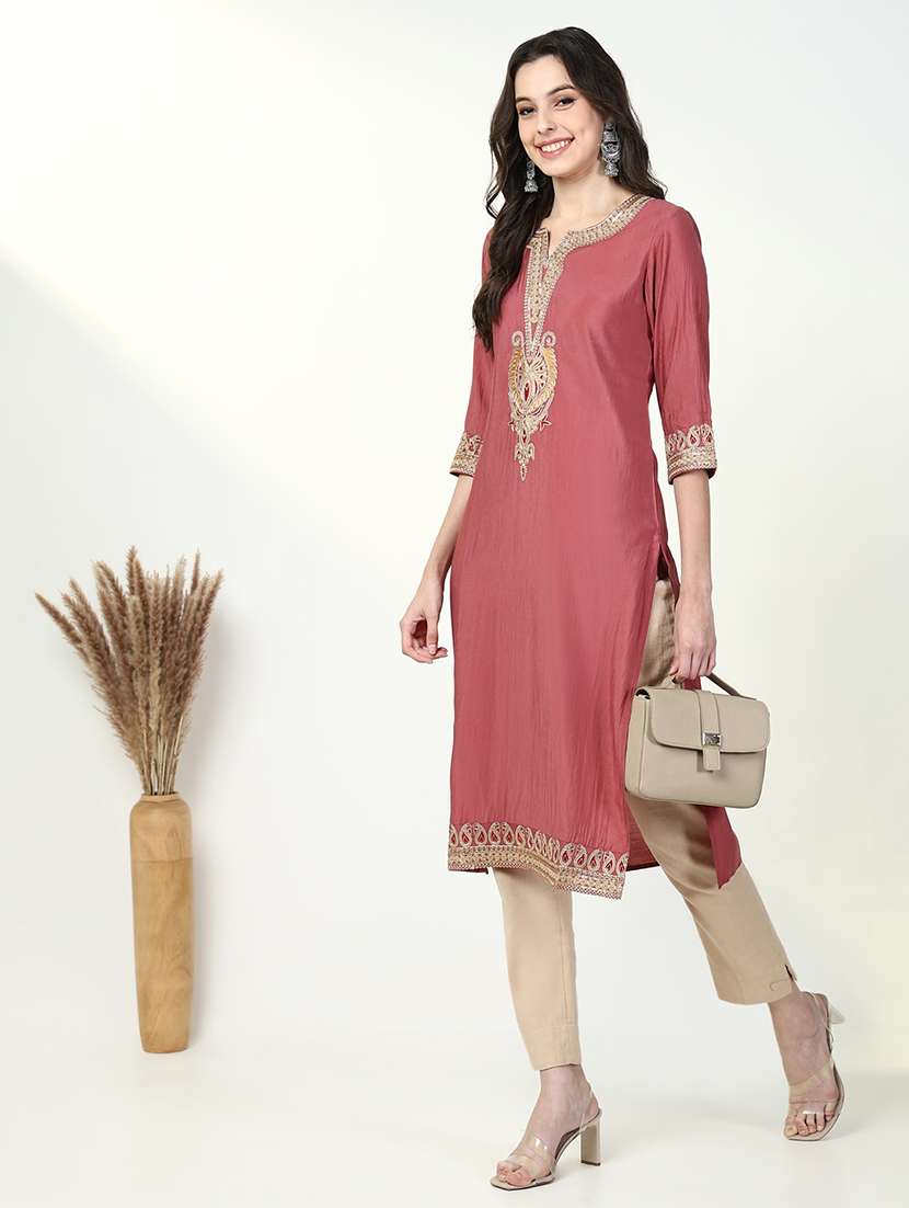 women three quarter sleeve straight kurta - 21632755 - Standard Image - 3
