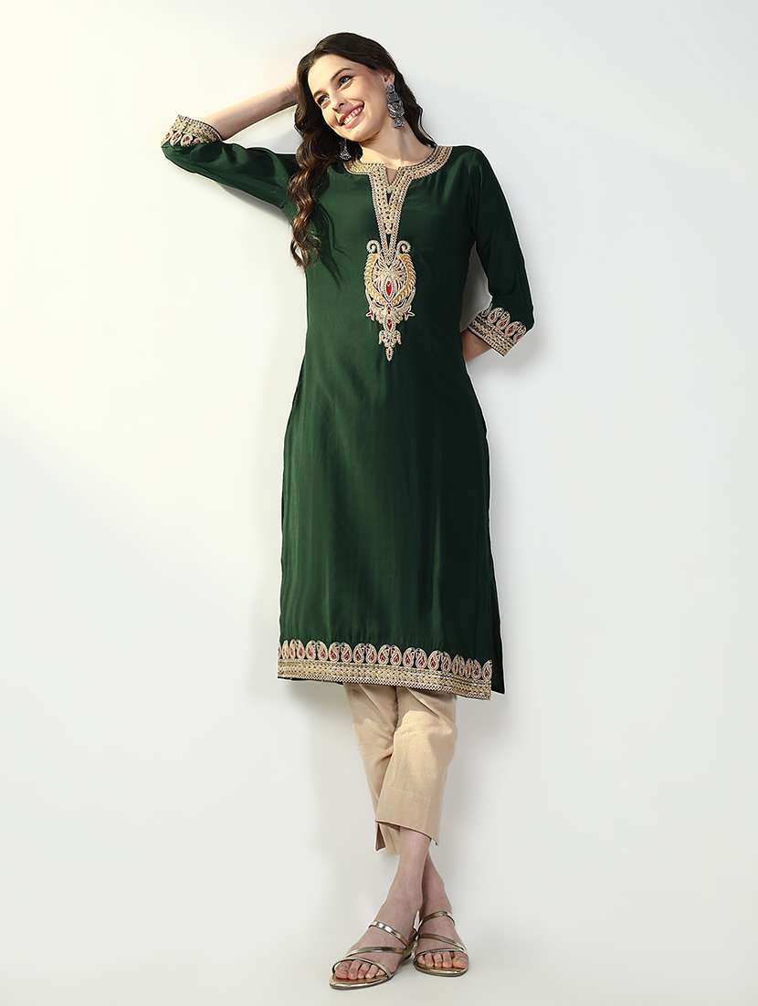 women three quarter sleeve straight kurta - 21632761 - Standard Image - 3