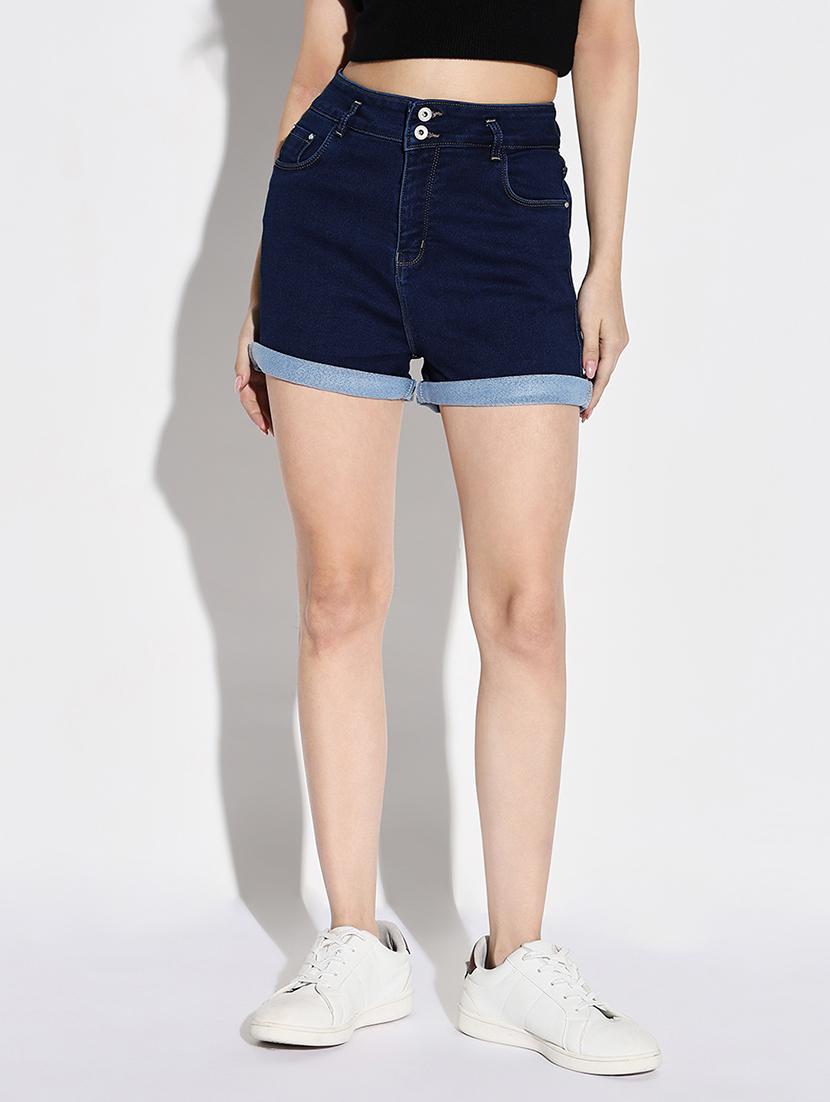 women solid high rise denim shorts - 21632769 - Zoom Image - 0