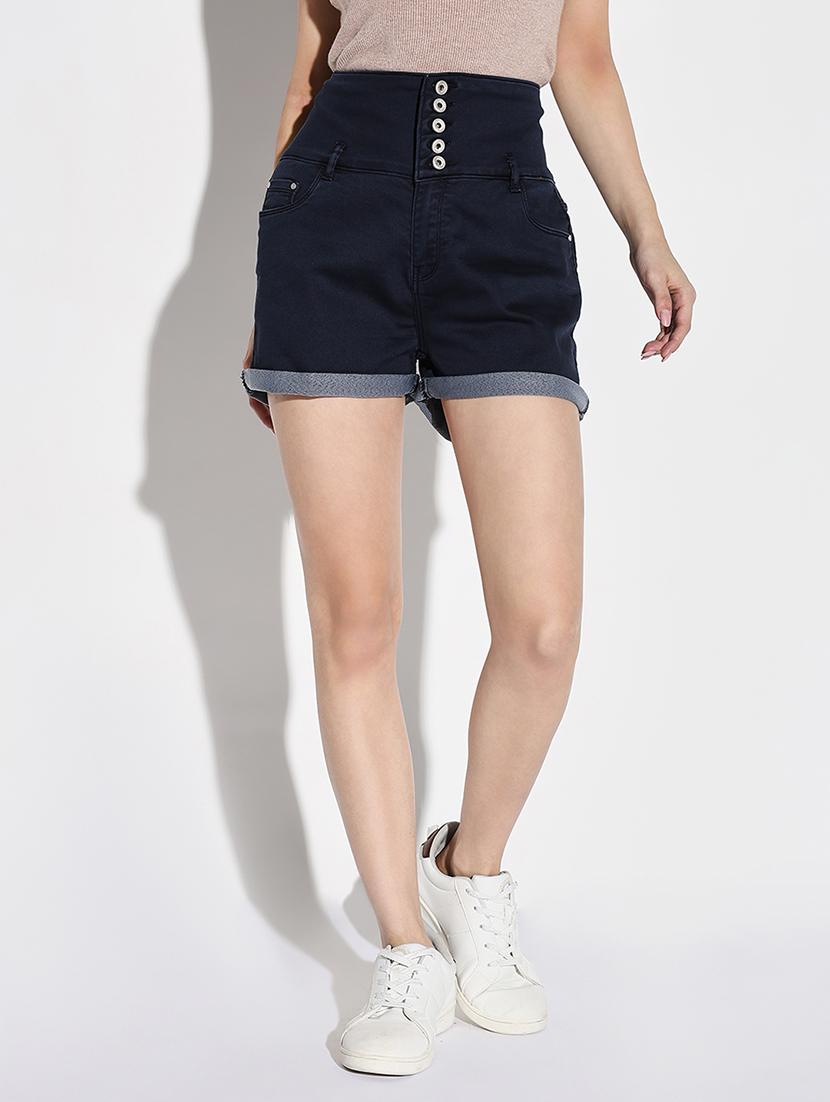 women solid high rise denim shorts - 21632770 -  Zoom Image - 0
