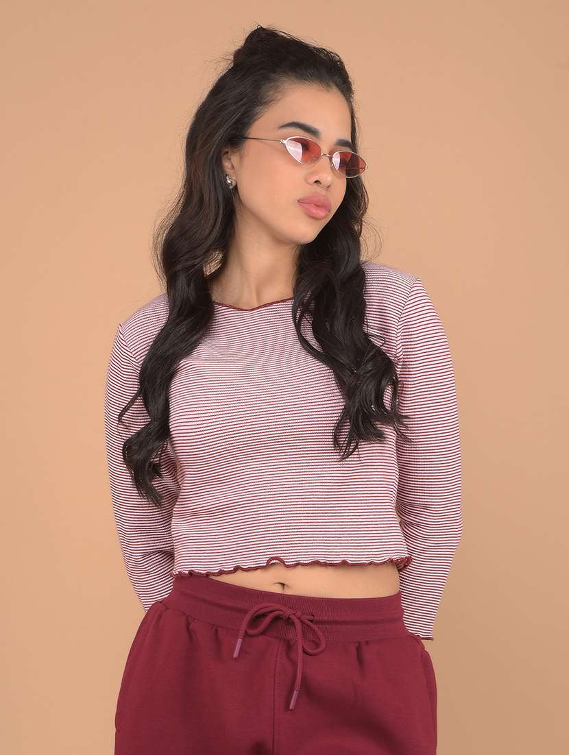 women maroon stripes crop top