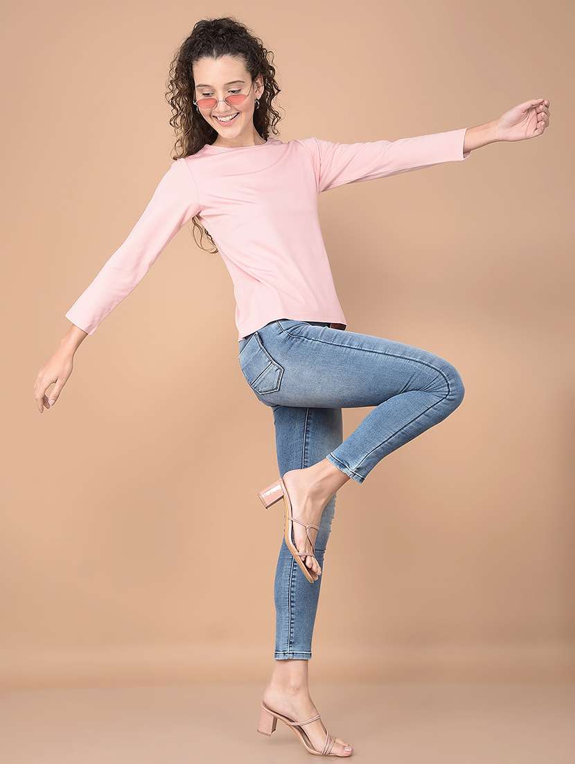 women blue solid round neck t-shirt - 21632789 - Standard Image - 5