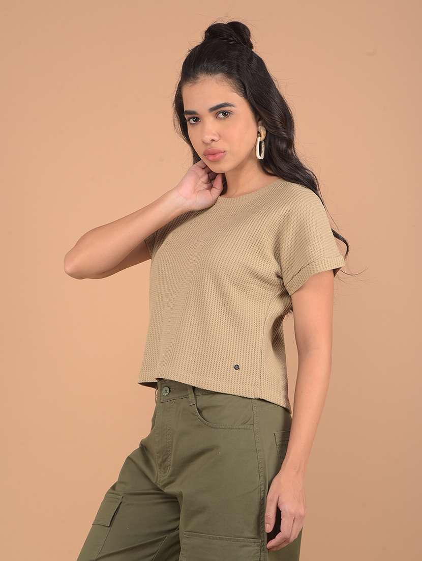 women beige solid short sleeve top