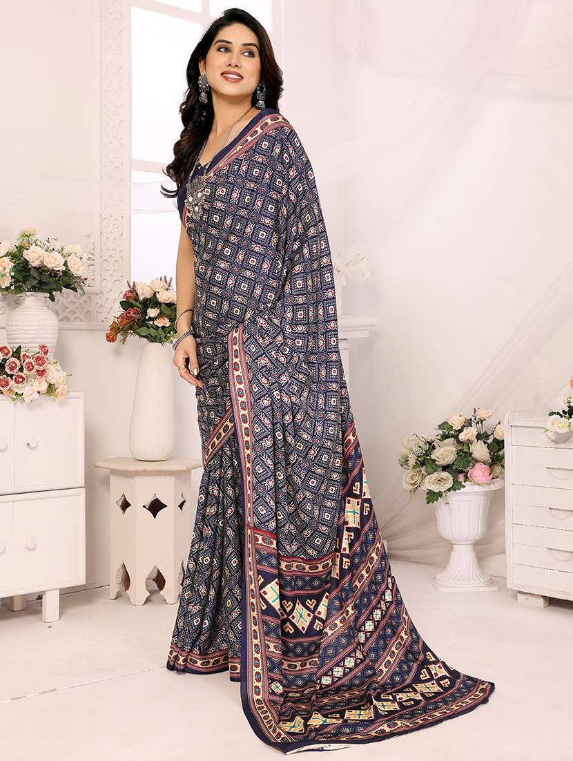 women navy blue printed saree with blouse - 21634146 -  Zoom Image - 0