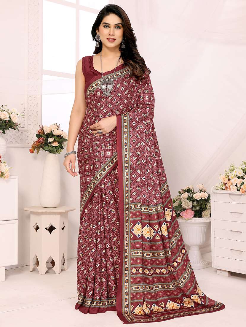 women maroon printed saree with blouse - 21634147 -  Zoom Image - 0