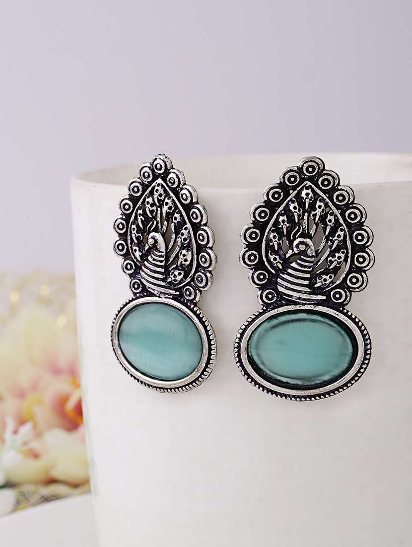 women sea green silver plated drop earrings