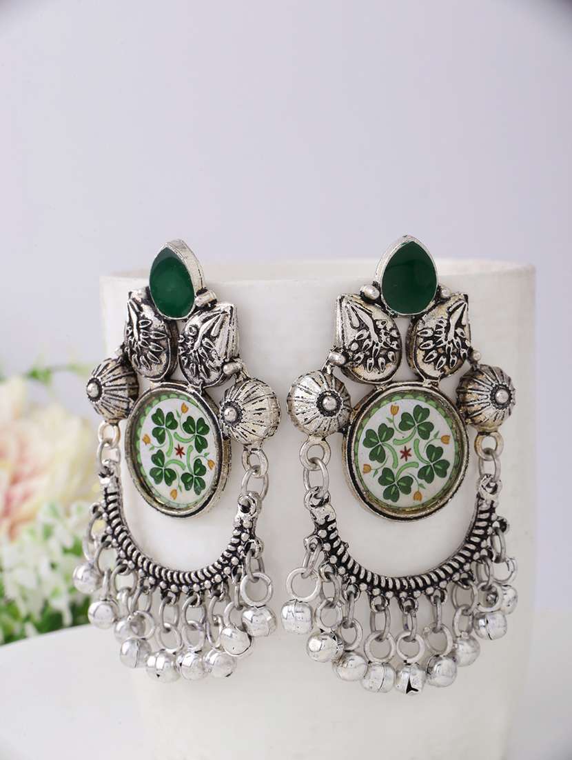 silver oxidised green tone drop earrings