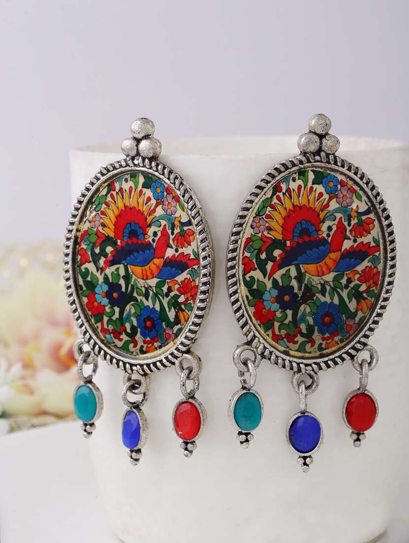 silver oxidised multi color printed drop earrings