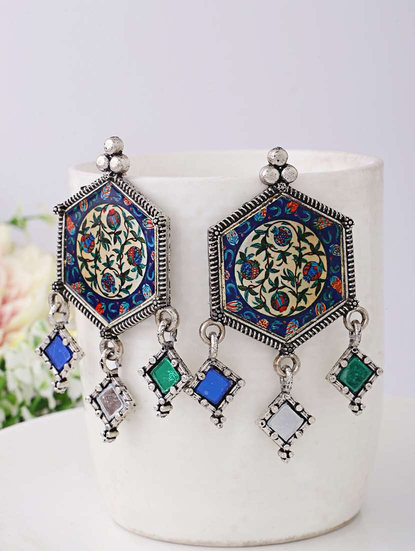 silver oxidised multi color printed drop earrings