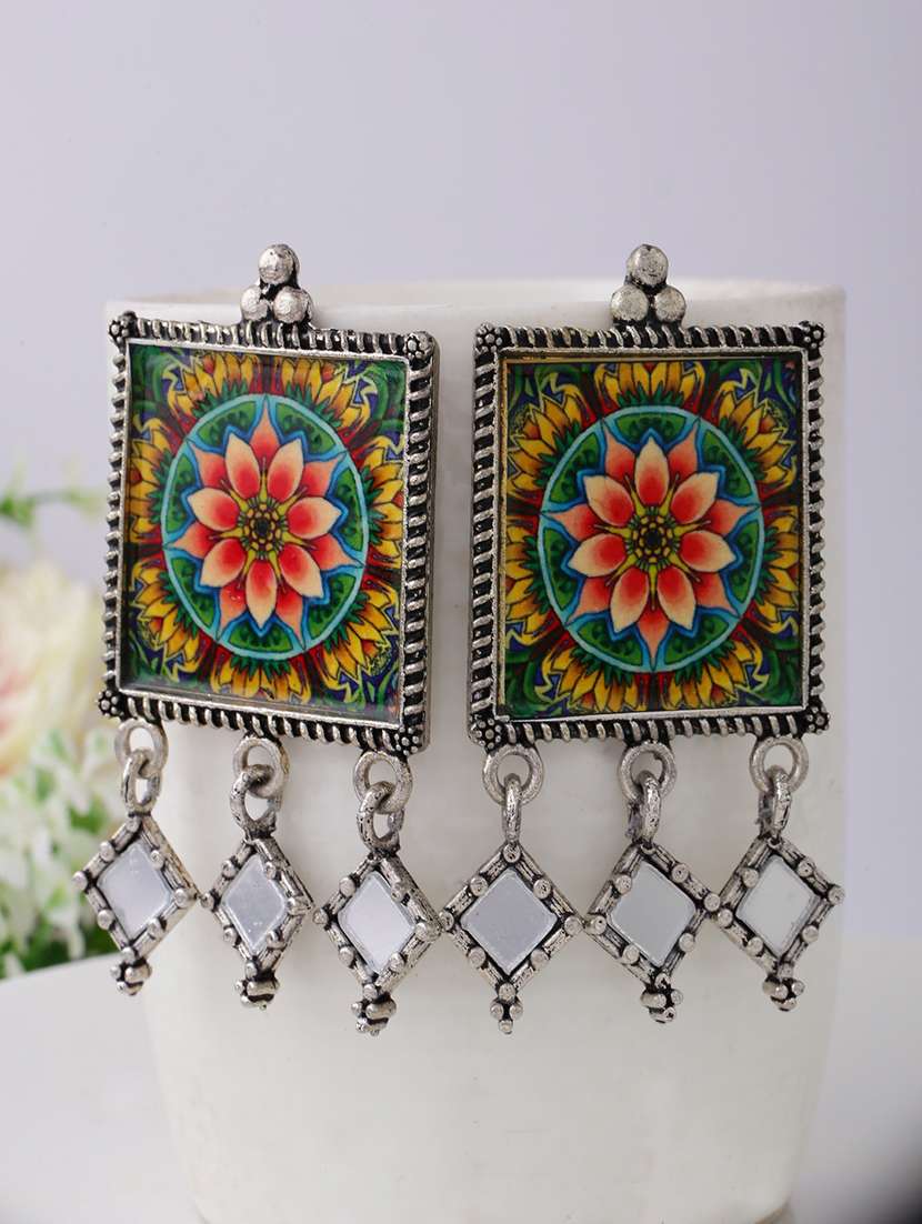 silver oxidised multi color printed drop earrings