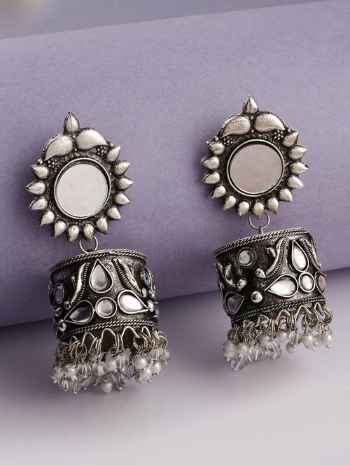 silver oxidise kundan work jhumka earrings - 21635025 - Standard Image - 0