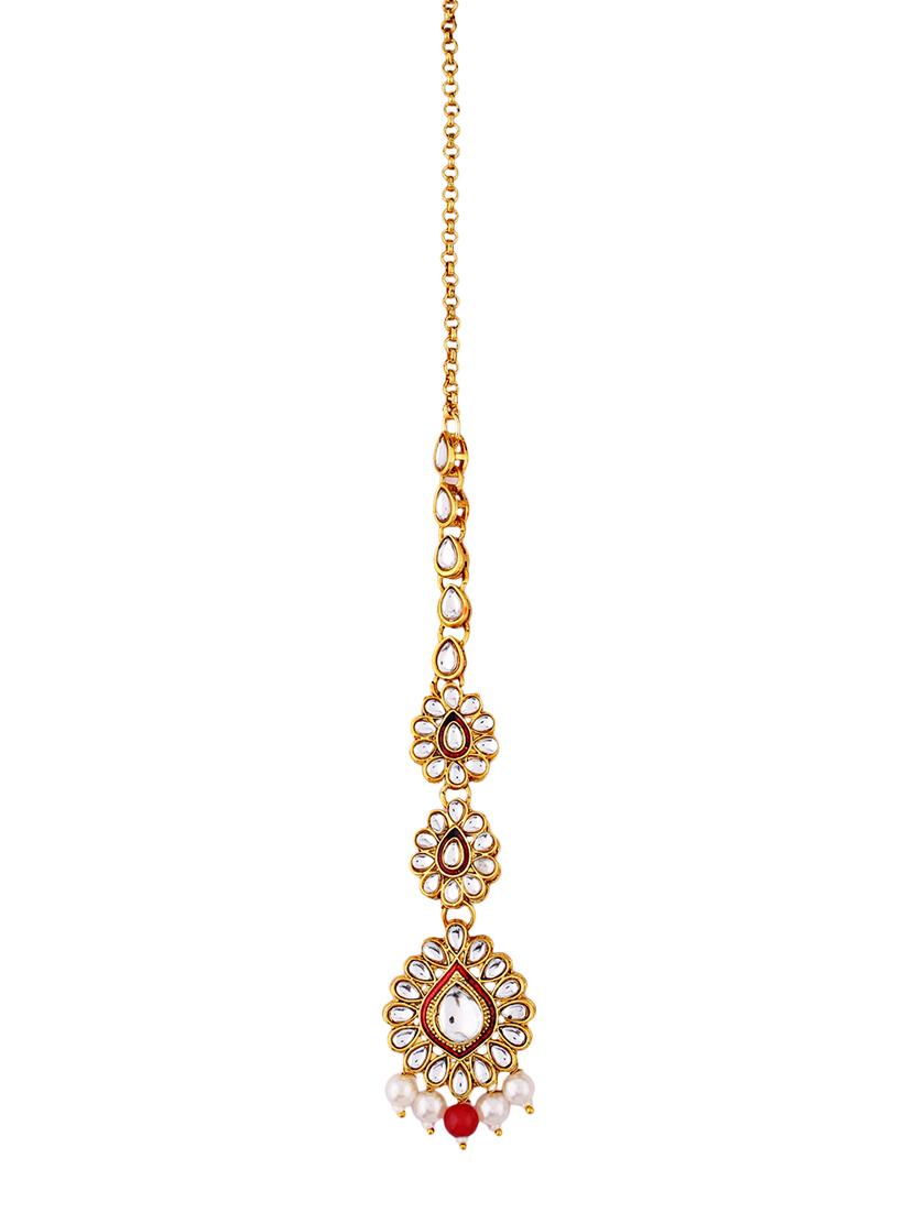 gold plated kundan studded necklace with earrings & mangtika - set of 3 - 21635041 - Standard Image - 3
