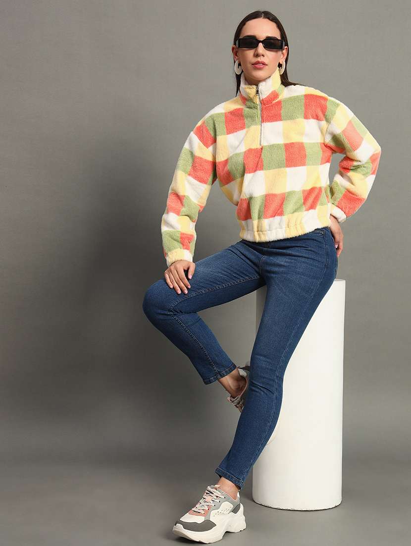 women checkered high neck sweatshirt - 21635067 - Standard Image - 3