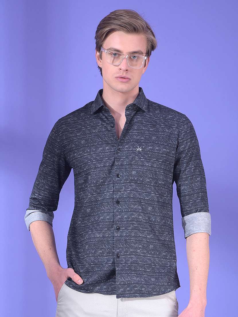 men long sleeves printed casual shirt