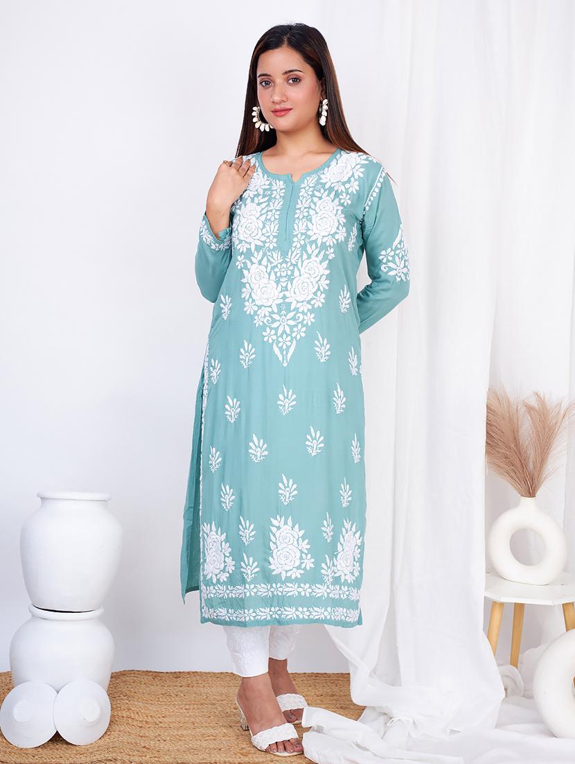 women three quarter sleeve straight chikankari kurta - 21635766 - Zoom Image - 0