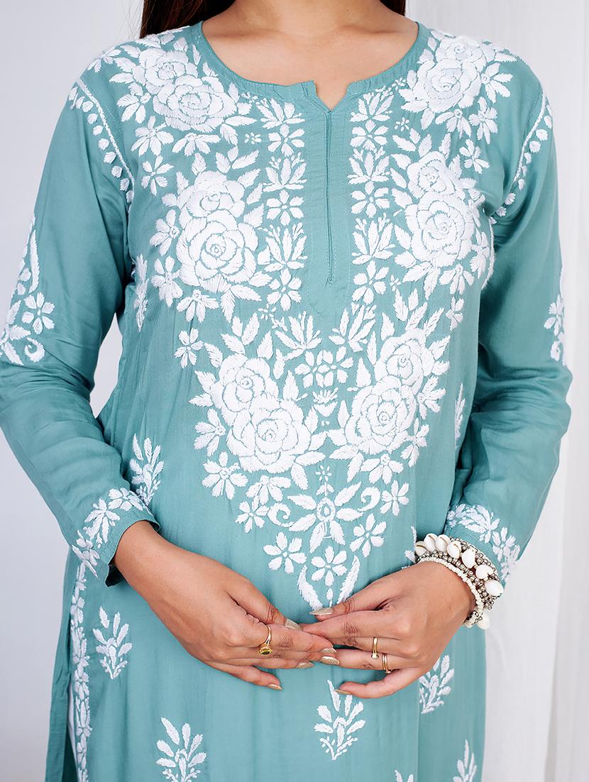 women three quarter sleeve straight chikankari kurta - 21635766 - Standard Image - 3