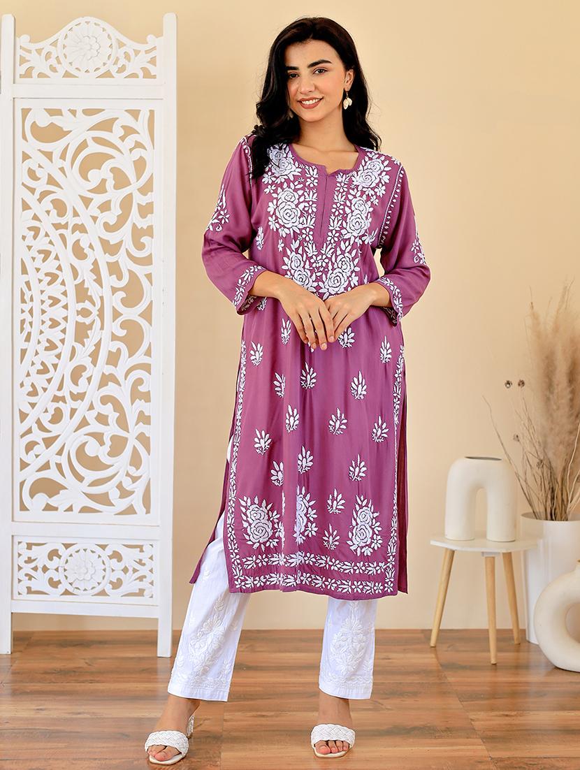 women three quarter sleeve straight chikankari kurta