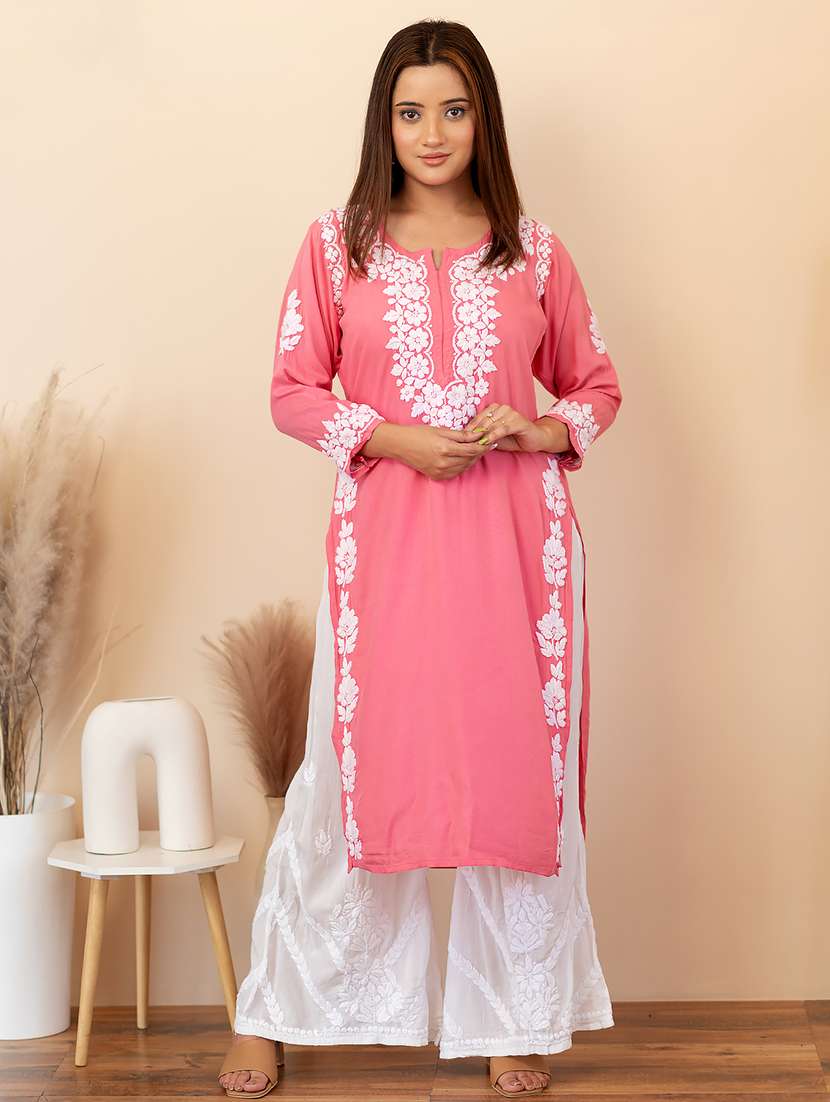 women solid with work straight chikankari kurta