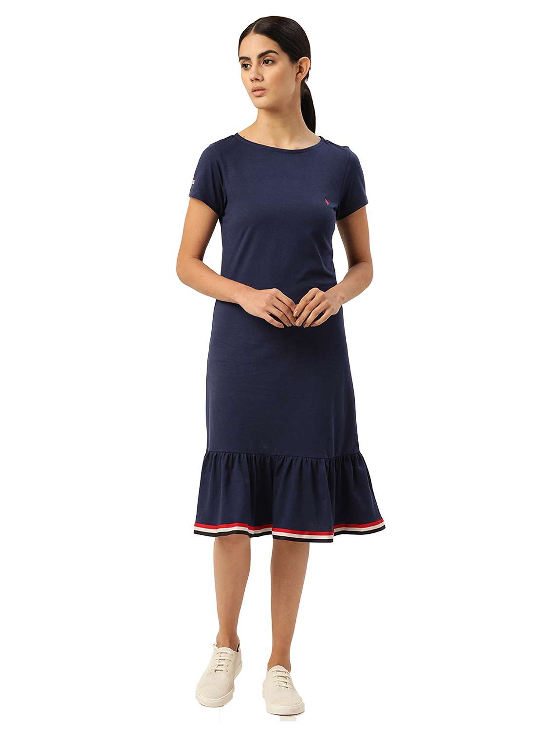 women round neck solid tiered dress